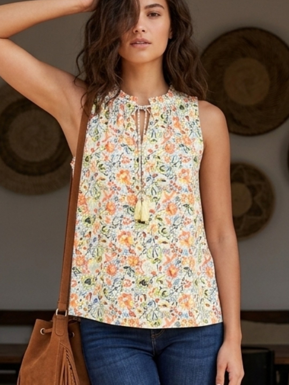 Ann Taylor Floral Tassel Tie Sleeveless Camisole - Cream & Peach